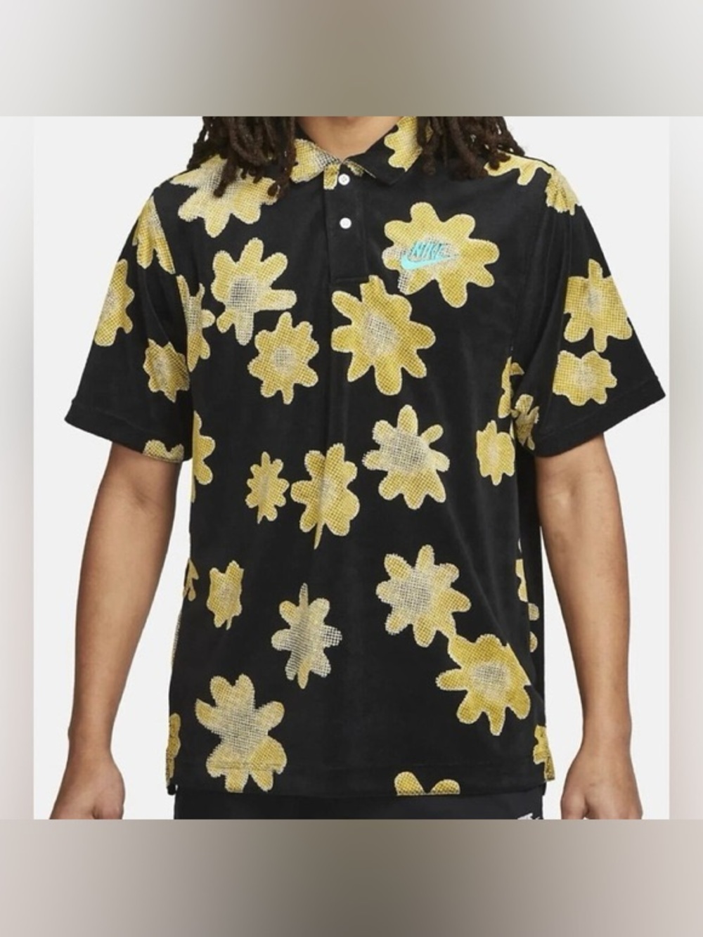 Nike |Black Oversized Polo Yellow Daisy Print Allover Towel Material Size Medium